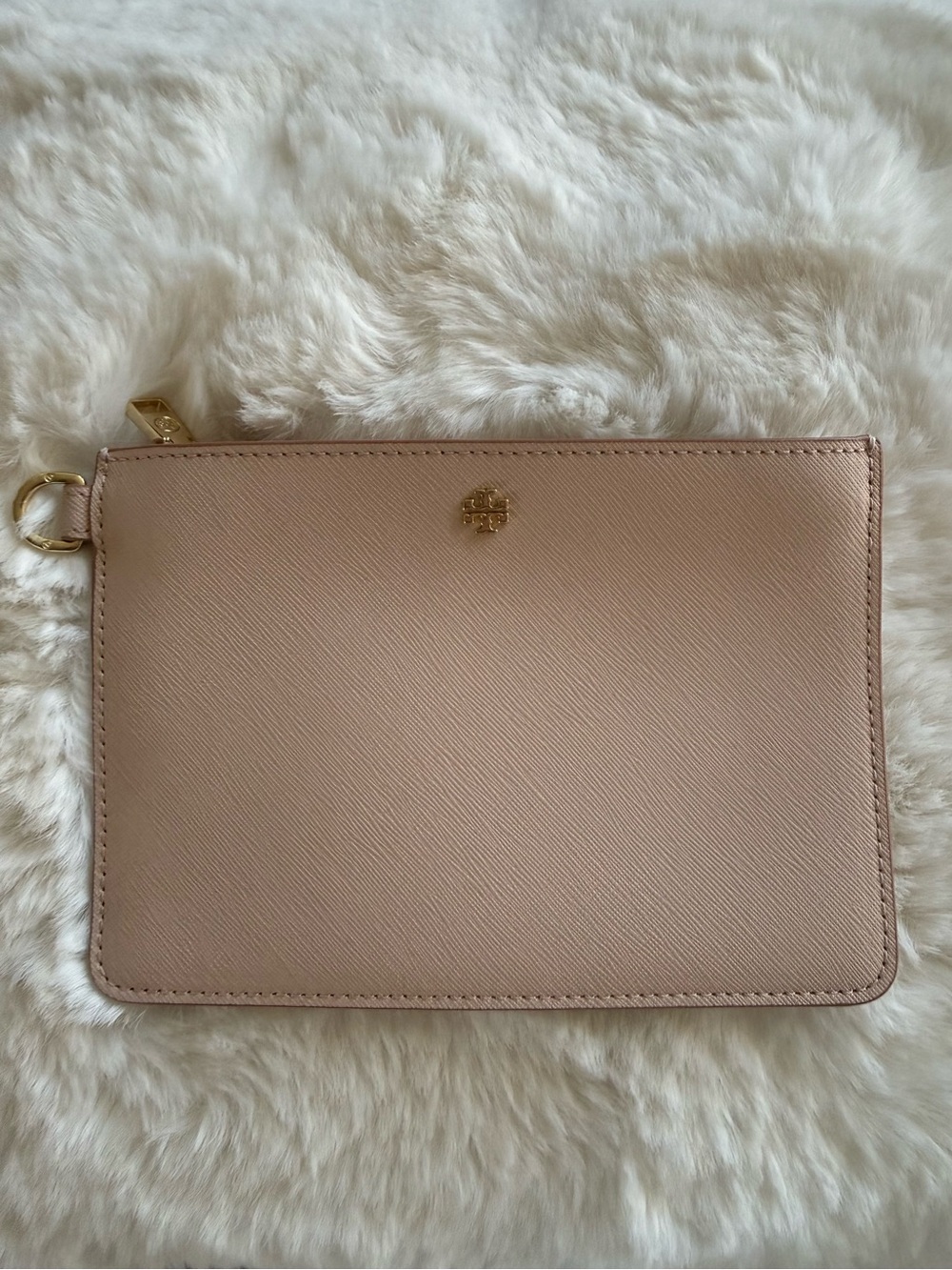 Tory Burch Nude Blush Saffiano Leather Zip Pouch